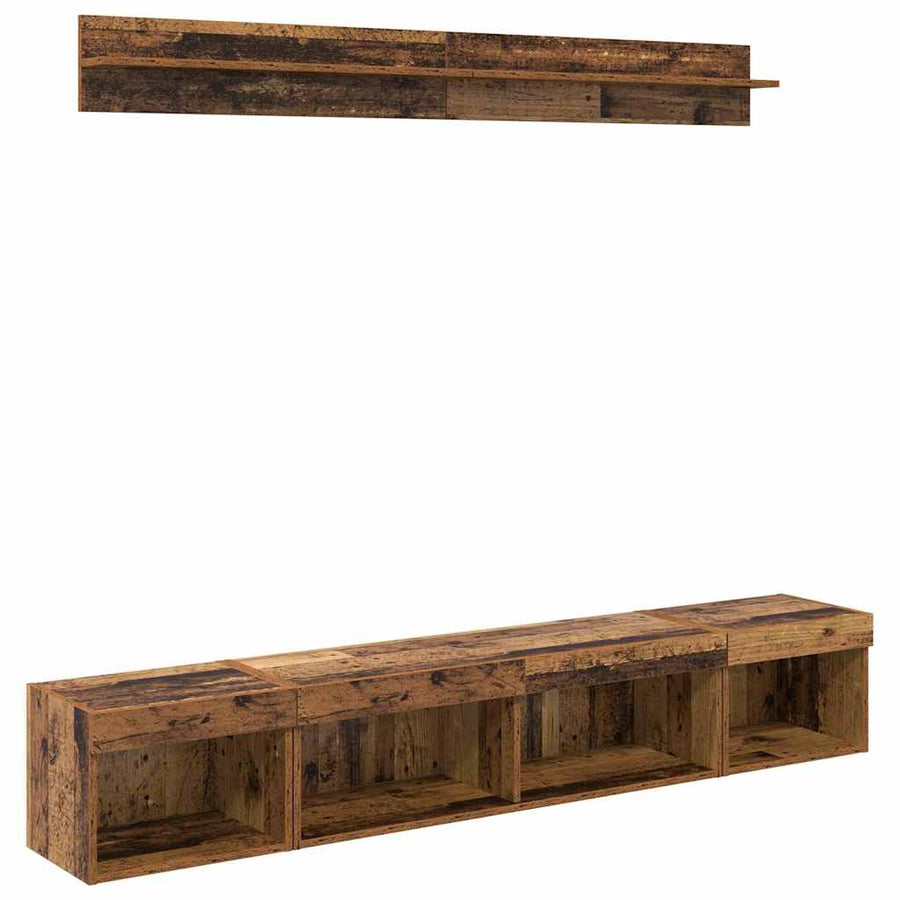 TV Wandkast Set with LED String Lights 5 pcs Oudhout Bewerkt hout