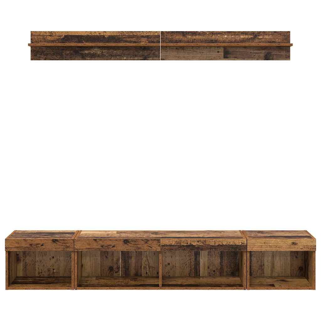 TV Wandkast Set with LED String Lights 5 pcs Oudhout Bewerkt hout