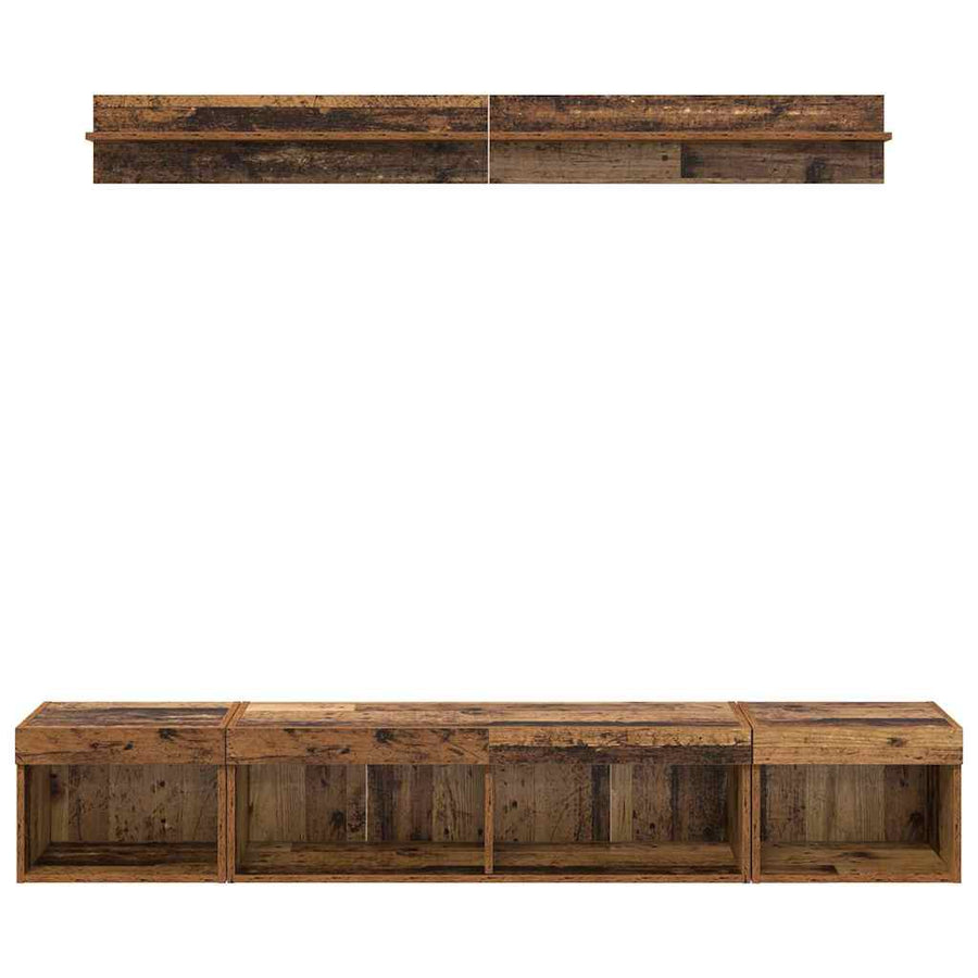 TV Wandkast Set with LED String Lights 5 pcs Oudhout Bewerkt hout