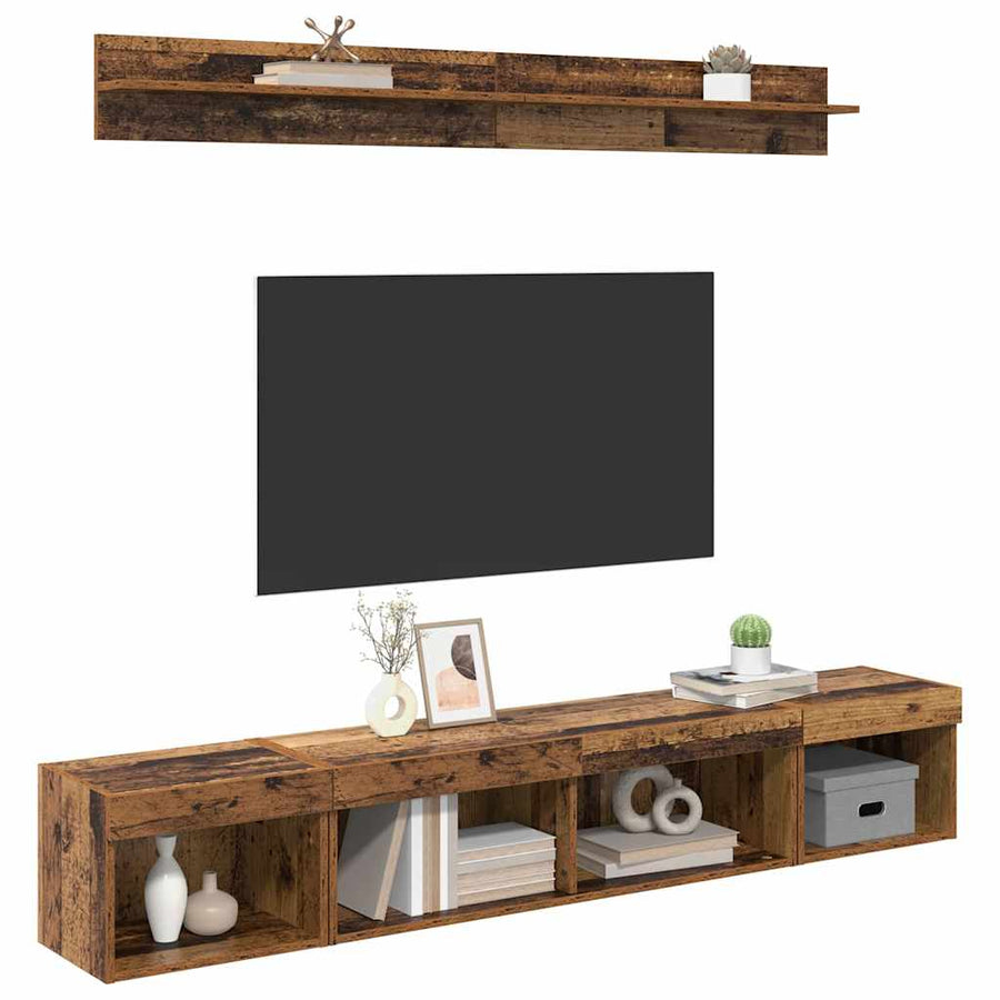 TV Wandkast Set with LED String Lights 5 pcs Oudhout Bewerkt hout