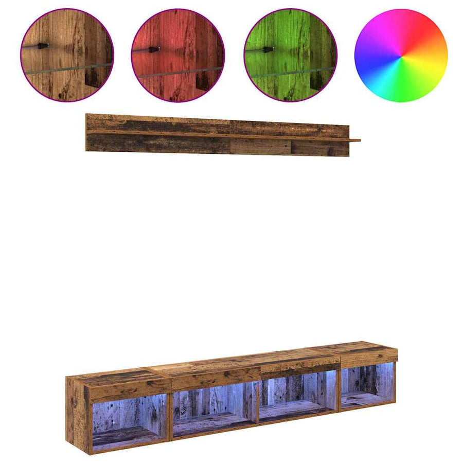 TV Wandkast Set with LED String Lights 5 pcs Oudhout Bewerkt hout