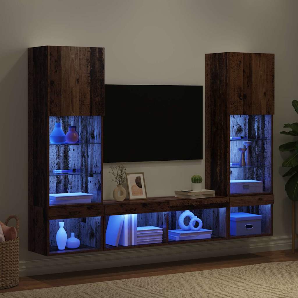 TV Wand Eenheden met LED 5 pcs Oud hout 40,5 x 30 x 102 cm