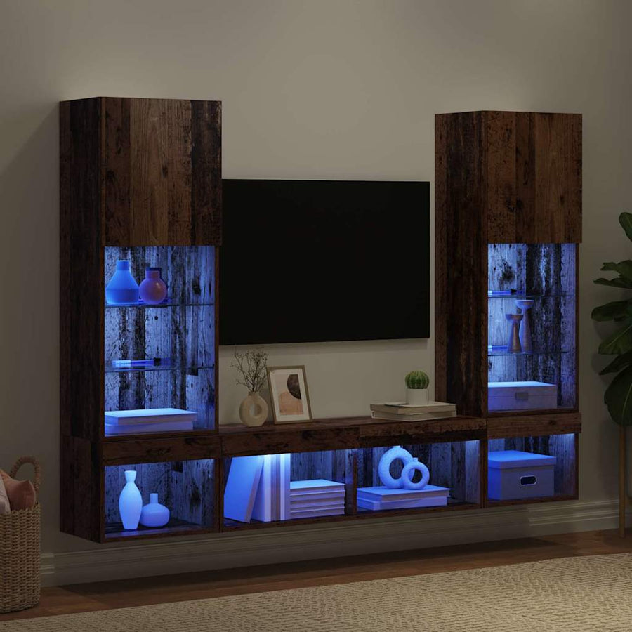 TV Wand Eenheden met LED 5 pcs Oud hout 40,5 x 30 x 102 cm