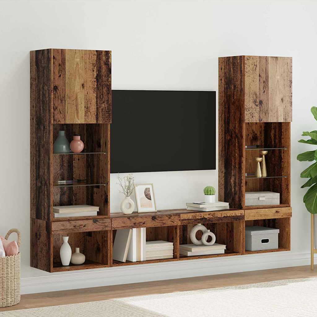 TV Wand Eenheden met LED 5 pcs Oud hout 40,5 x 30 x 102 cm