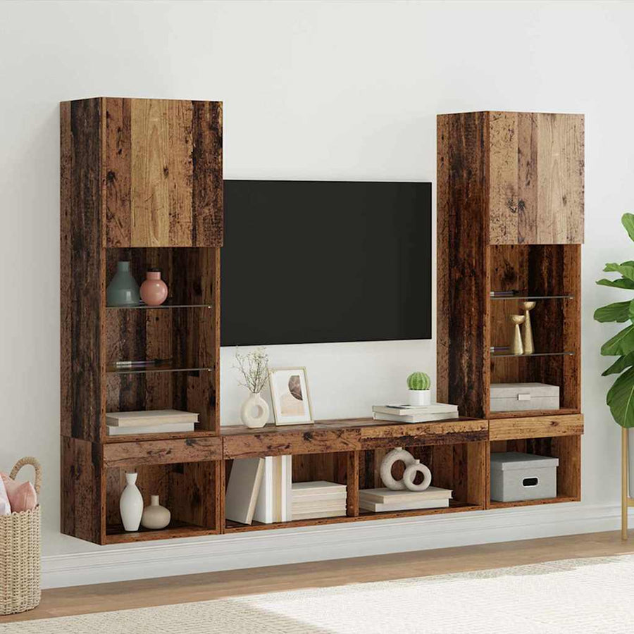 TV Wand Eenheden met LED 5 pcs Oud hout 40,5 x 30 x 102 cm