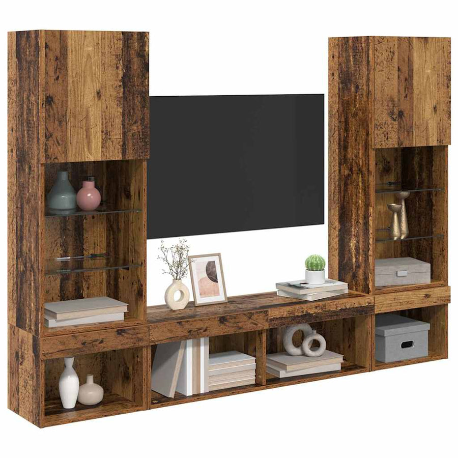 TV Wand Eenheden met LED 5 pcs Oud hout 40,5 x 30 x 102 cm