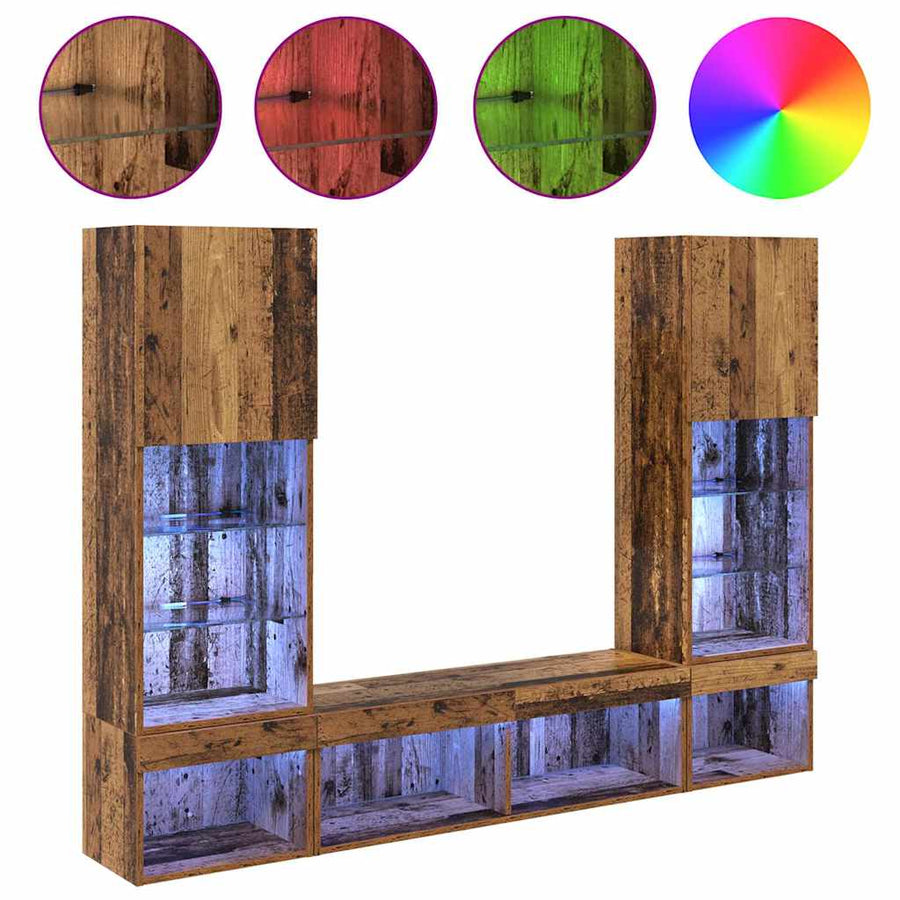 TV Wand Eenheden met LED 5 pcs Oud hout 40,5 x 30 x 102 cm