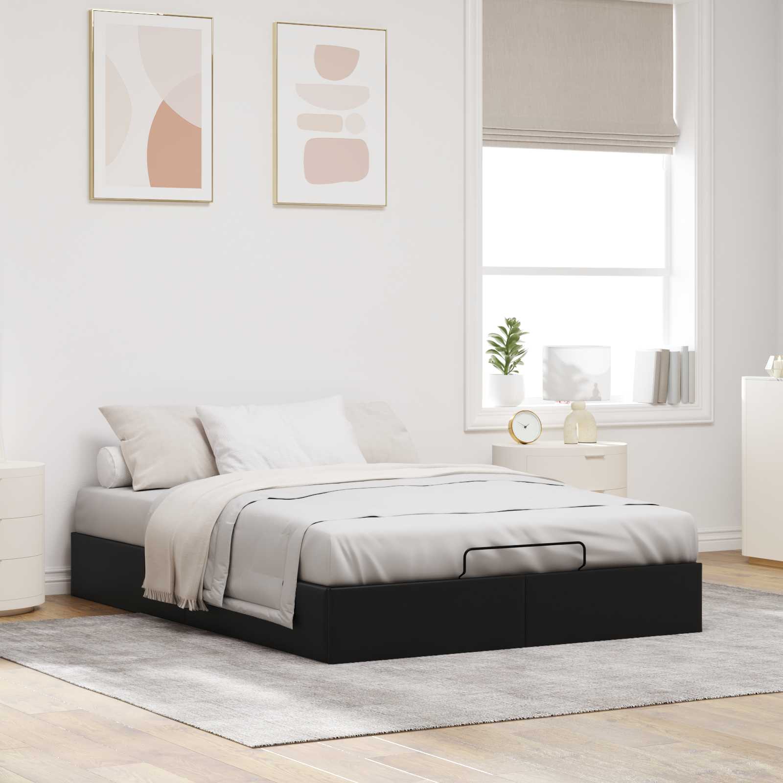 Ottoman Bedframe Zwart 153 x 203 cm Kunstleer