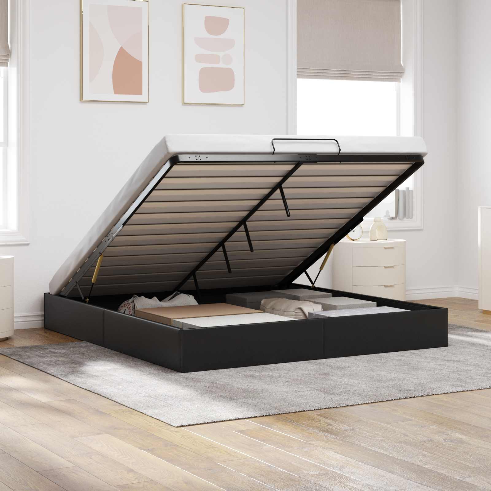 Ottoman Bedframe Zwart King size Kunstleer