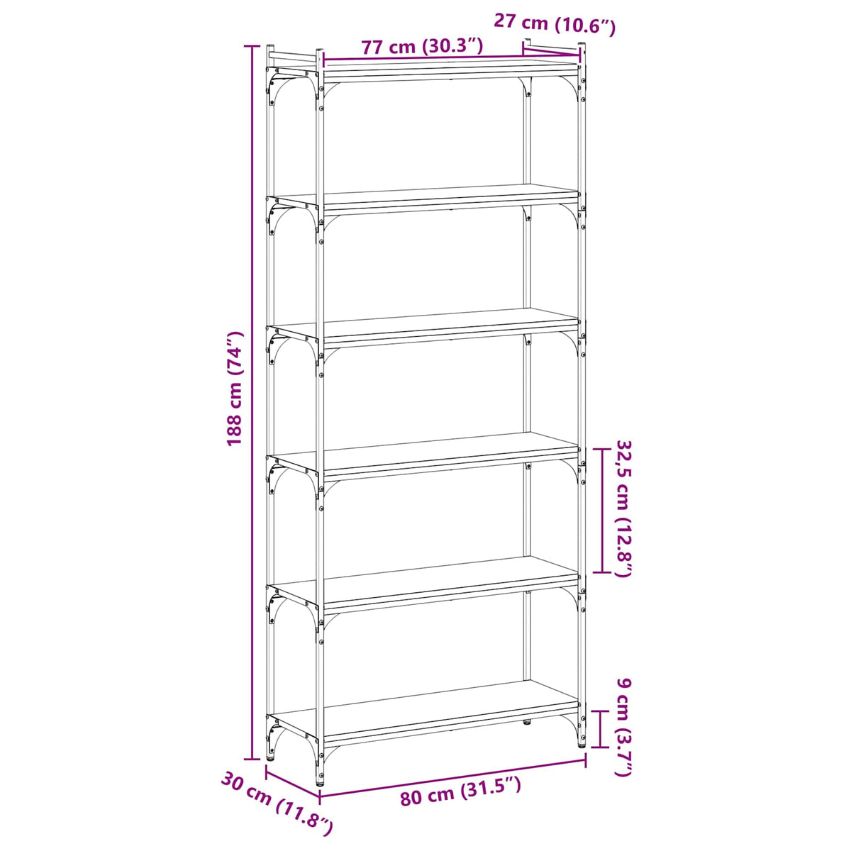 Boekenkast 6-laags 80 x 30 x 188 cm Bewerkt hout Zwart eiken