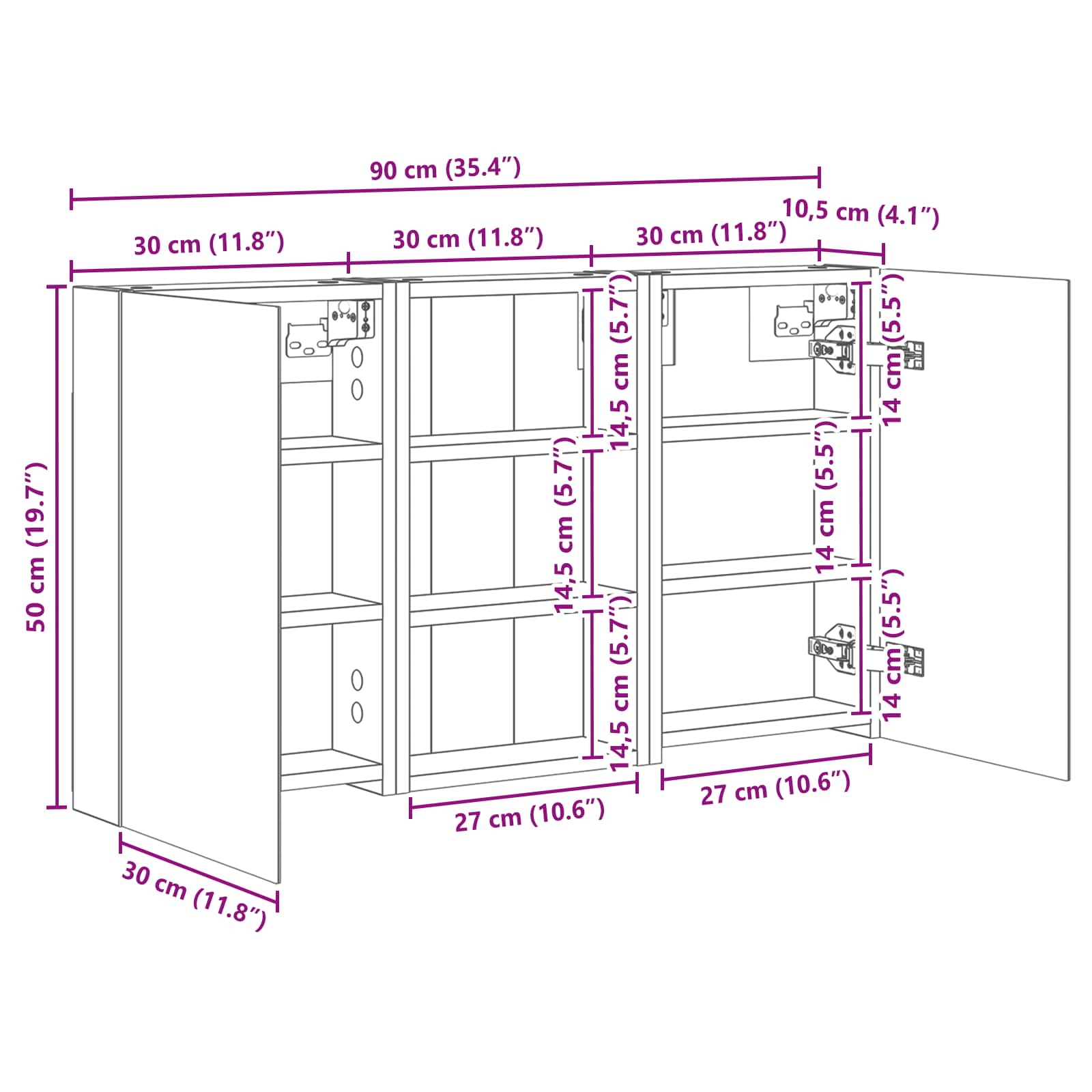 Badkamerkastenset 3 pcs 90 x 10,5 x 50 cm Bewerkt hout