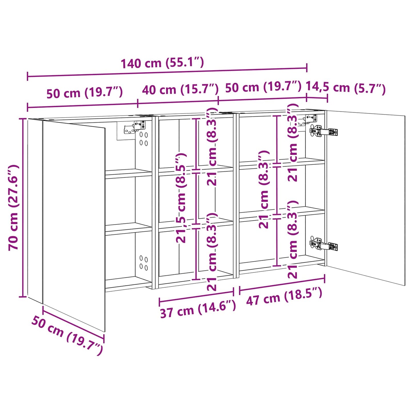 Badkamerkastenset 3 pcs 140 x 14,5 x 70 cm Bewerkt hout