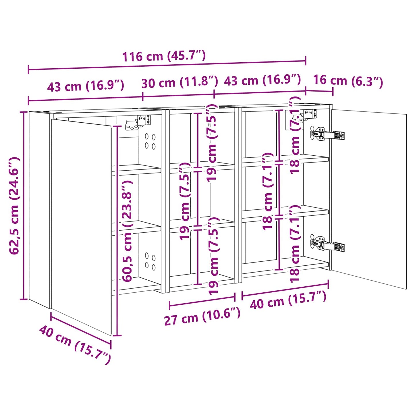 Badkamerkastenset voor 3 pcs 116 x 16 x 62,5 cm Bewerkt hout