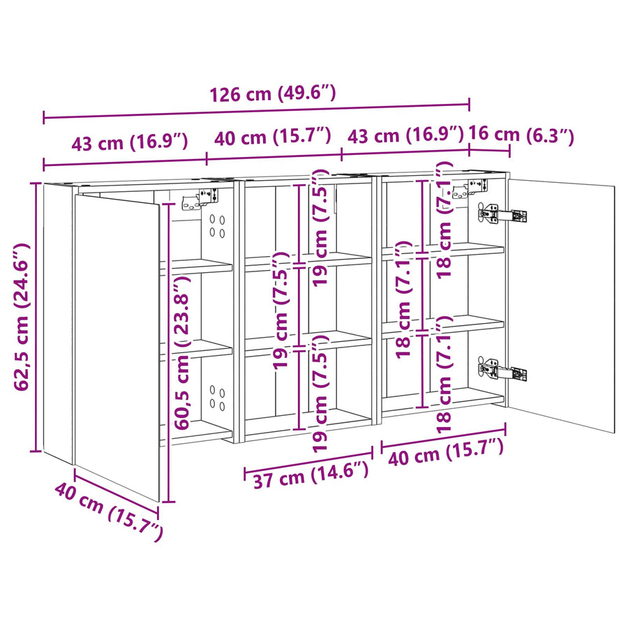 Badkamerkastenset 3 pcs 126 x 16 x 62.5 cm Bewerkt hout