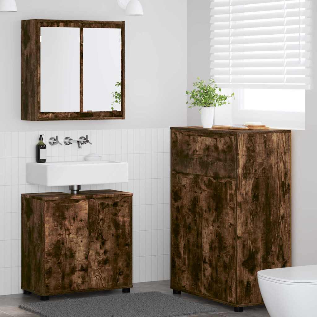 Badkamermeubelset met lade 3 pcs Gerookt eiken Bewerkt hout