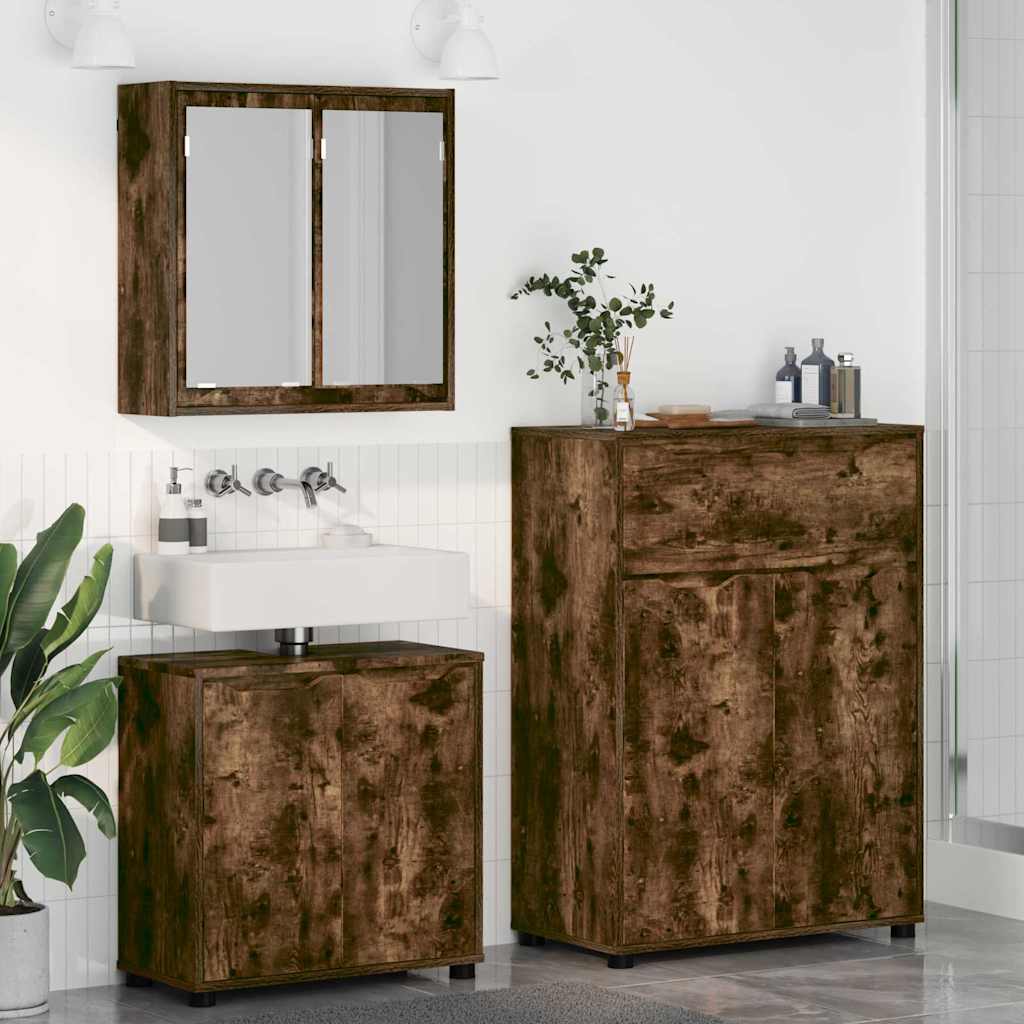 Badkamermeubelset met lade 3 pcs Gerookt eiken Bewerkt hout