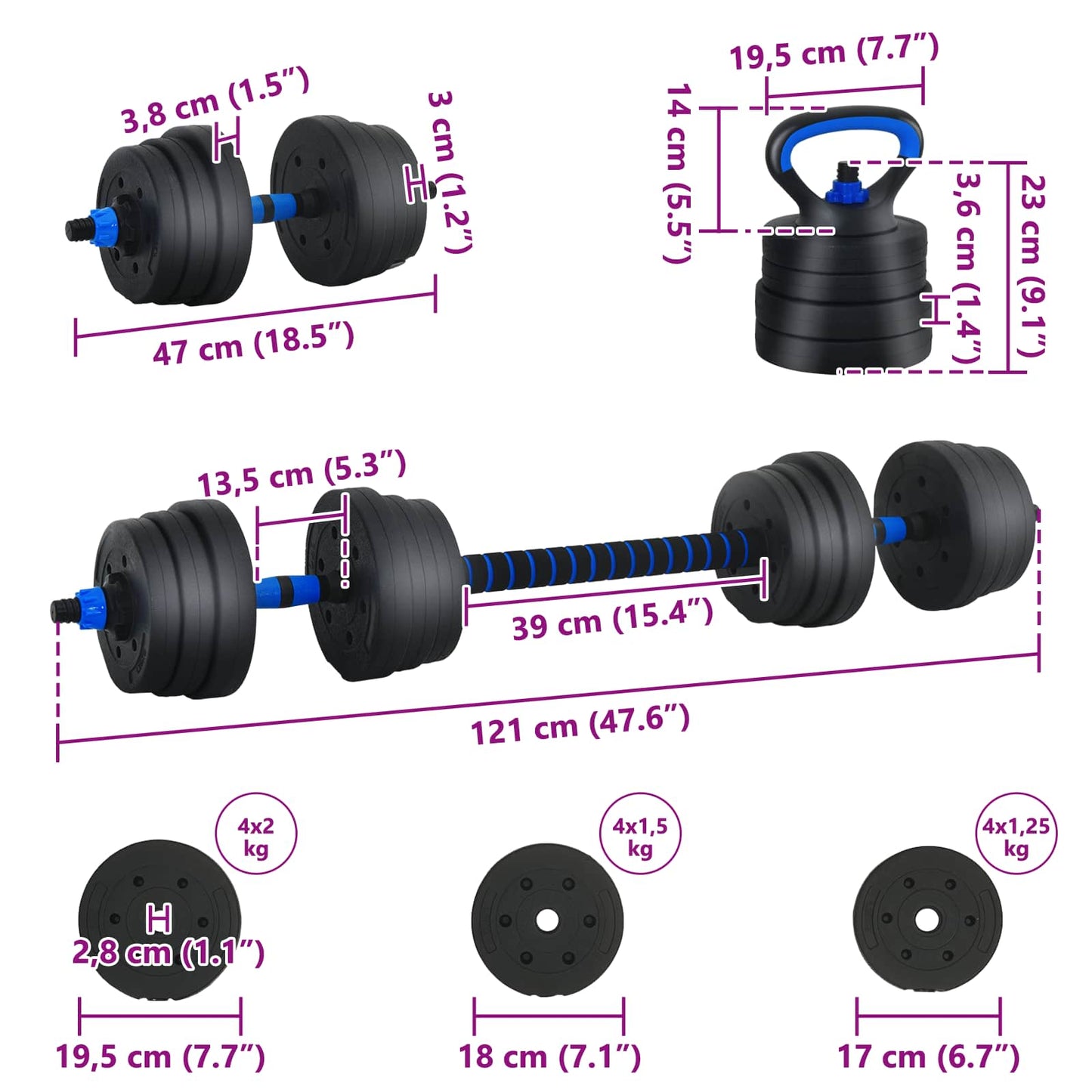 4-In-1 Halterset Zwart En Blauw 121 X 19,5 X 19,5 Cm Zwart met blauw met kettlebell