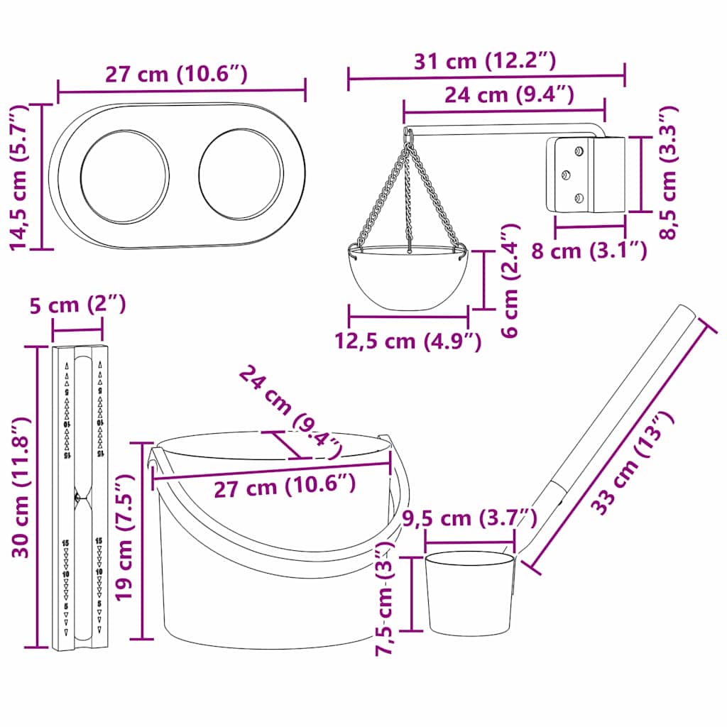 Sauna Emmer Set 5 pcs Zwart 8.5 x 8 x 4.5 cm Aluminium