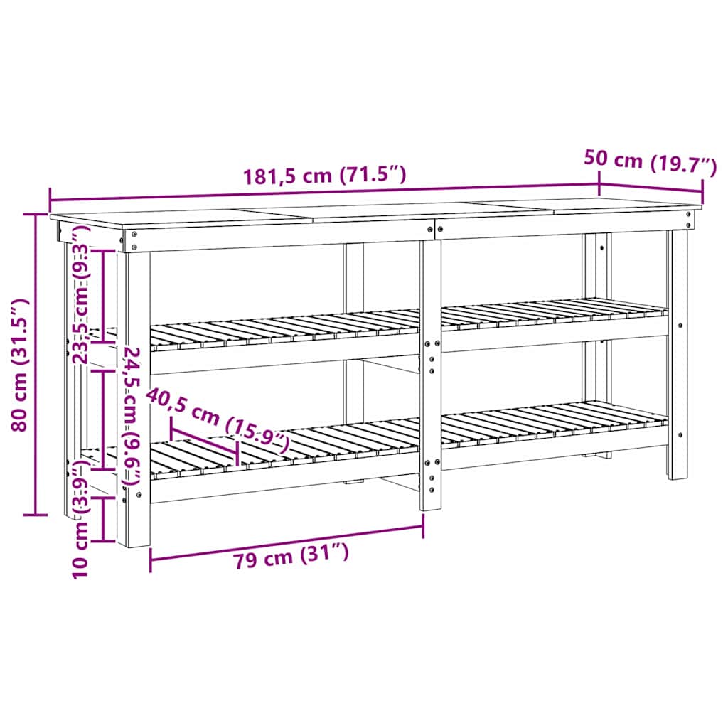 Werkbank Wasbruin 181,5 x 50 x 80 cm Massief grenenhout