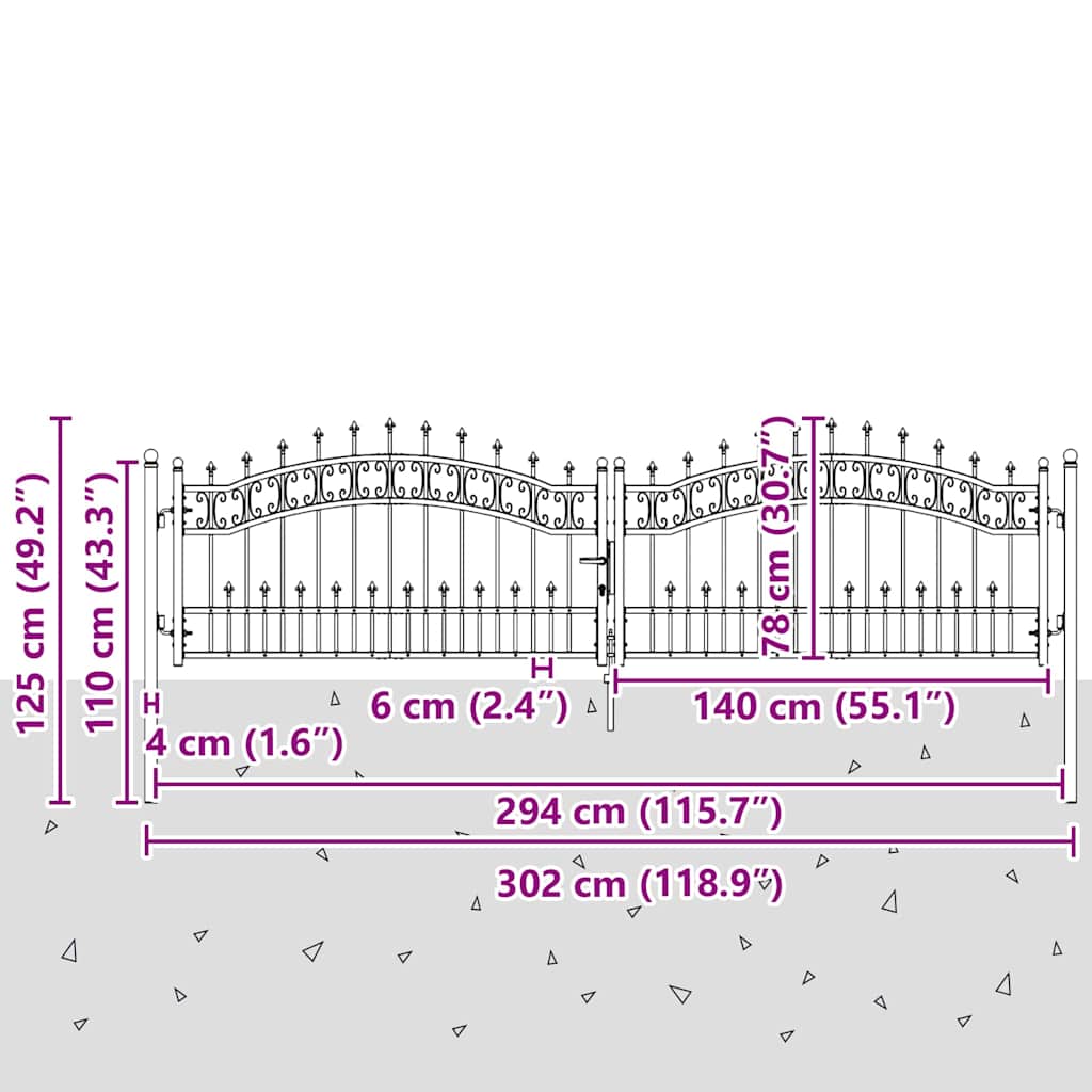 Hekpoort met Spear Boven met slot Grijs 305 x 75 cm Staal