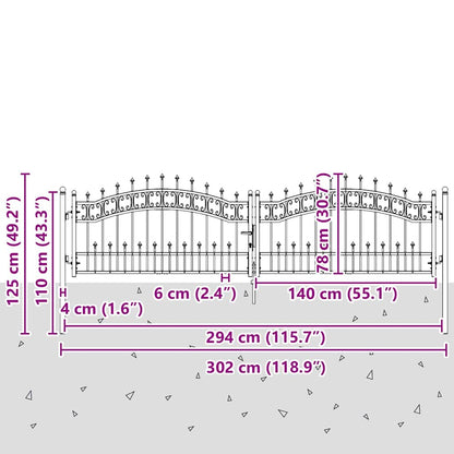 Hekpoort met Spear Boven met slot Grijs 305 x 75 cm Staal