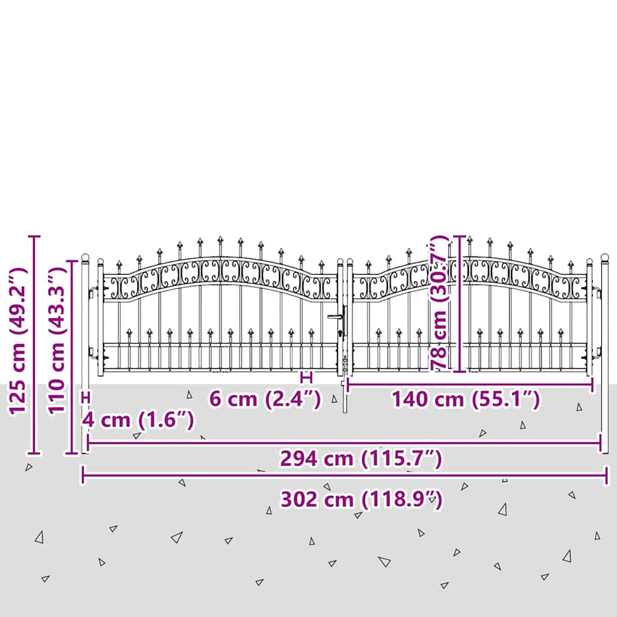 Hekpoort met Spear Boven met slot Grijs 305 x 75 cm Staal