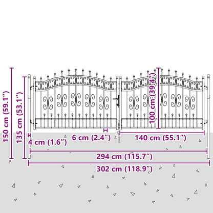 Hekpoort met Spear Boven met slot Grijs 305 x 100 cm Staal
