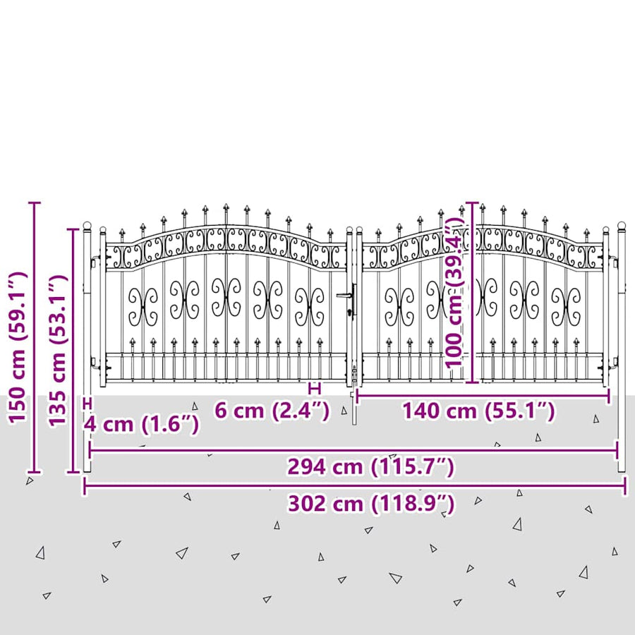 Hekpoort met Spear Boven met slot Grijs 305 x 100 cm Staal