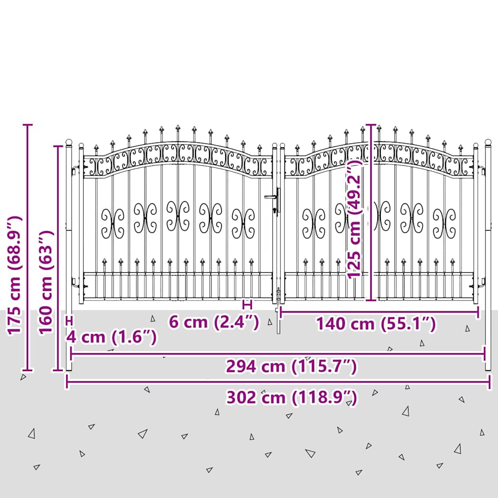 Hekpoort met Spear Boven met slot Grijs 305 x 125 cm Staal