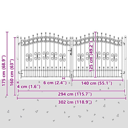 Hekpoort met Spear Boven met slot Grijs 305 x 125 cm Staal