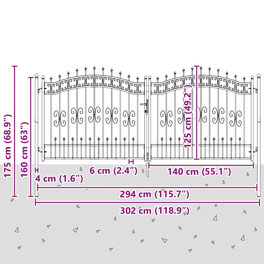 Hekpoort met Spear Boven met slot Grijs 305 x 125 cm Staal