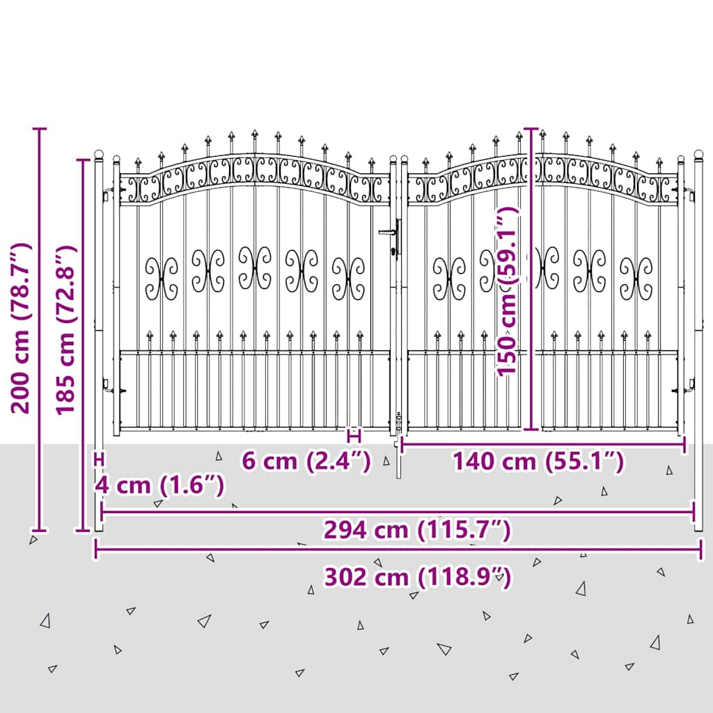 Hekpoort met Spear Boven met slot Grijs 305 x 150 cm Staal