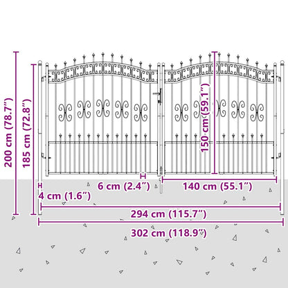 Hekpoort met Spear Boven met slot Grijs 305 x 150 cm Staal