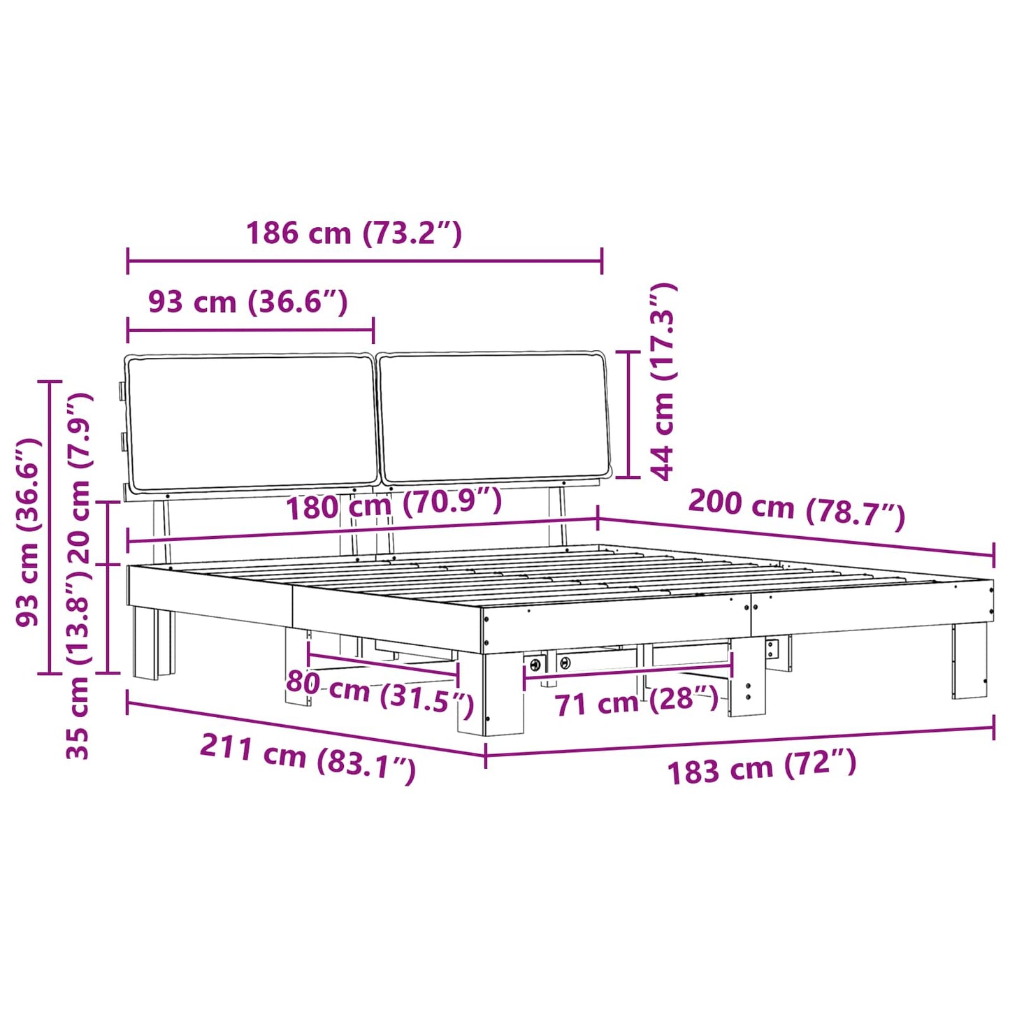 Bedframe met Gevoerd Hoofdgedeelte Donkergrijs 180 x 200 cm