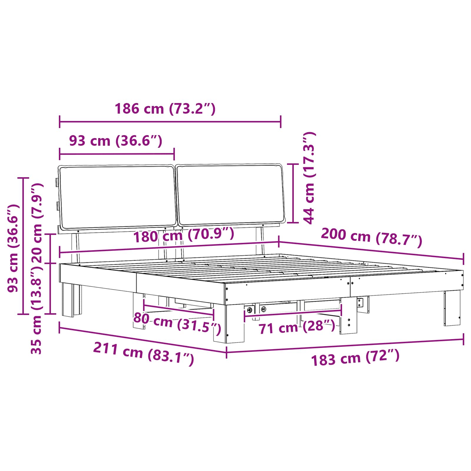 Bedframe met Gevoerd Hoofdgedeelte Donkergrijs 180 x 200 cm