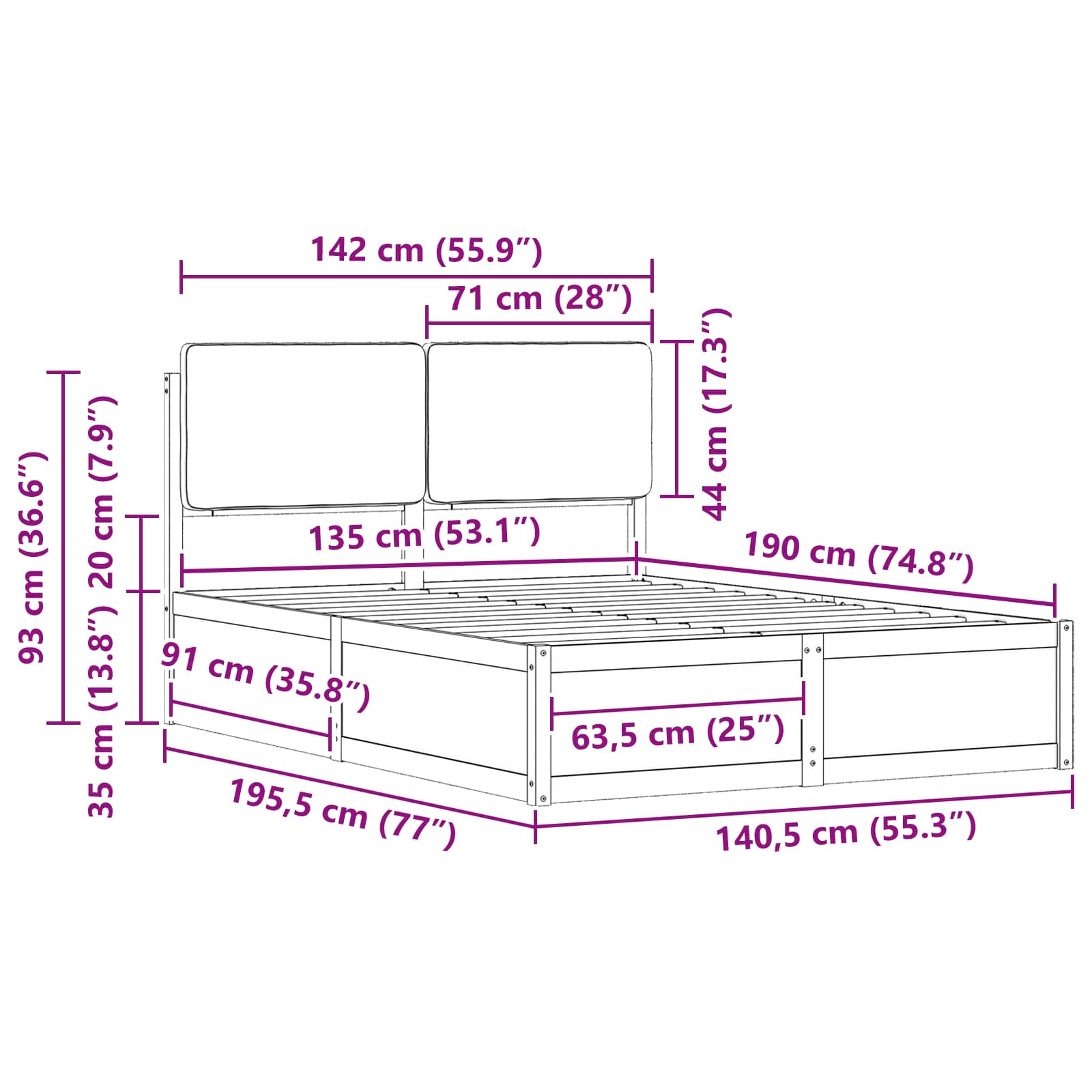 Bedframe met Gevoerd Hoofdgedeelte Zwart 135 x 190 cm