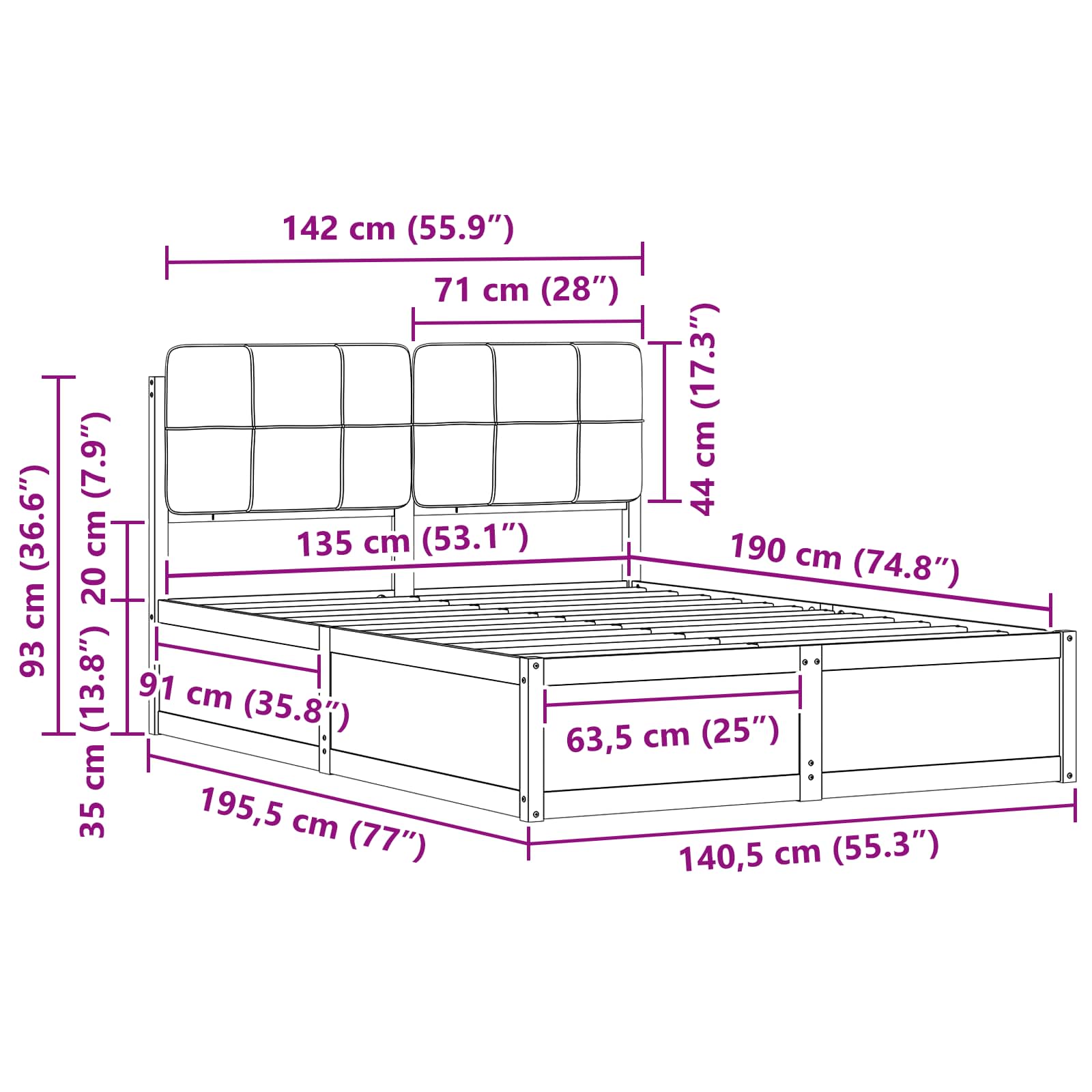 Bedframe met Gevoerd Hoofdgedeelte Zwart 135 x 190 cm