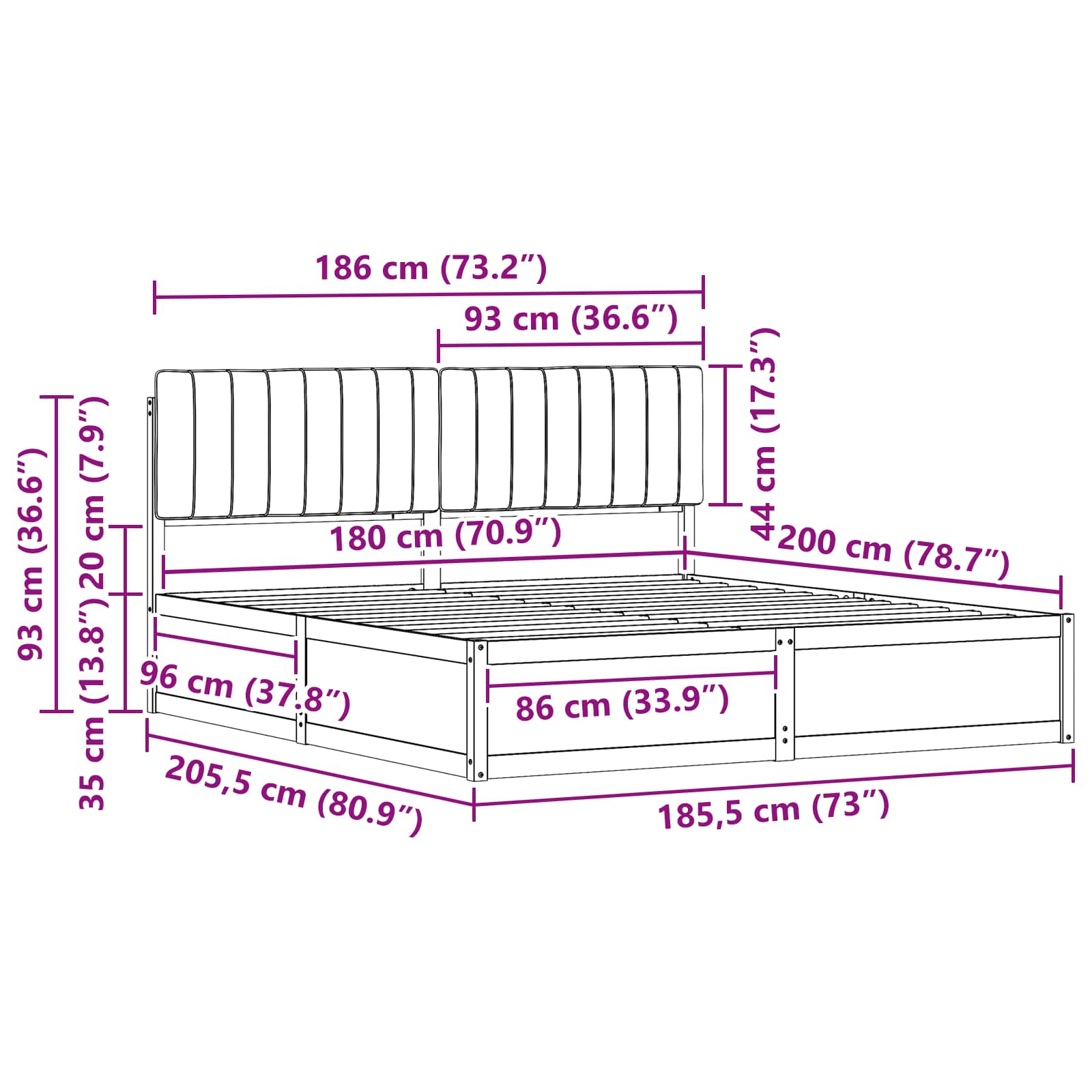 Bedframe met Gevoerd Hoofdgedeelte Zwart 180 x 200 cm