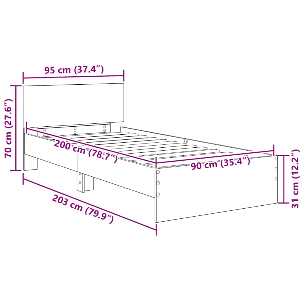 Bedframe met hoofdeinde Artisan Eiken 90 x 200 cm Bewerkt hout