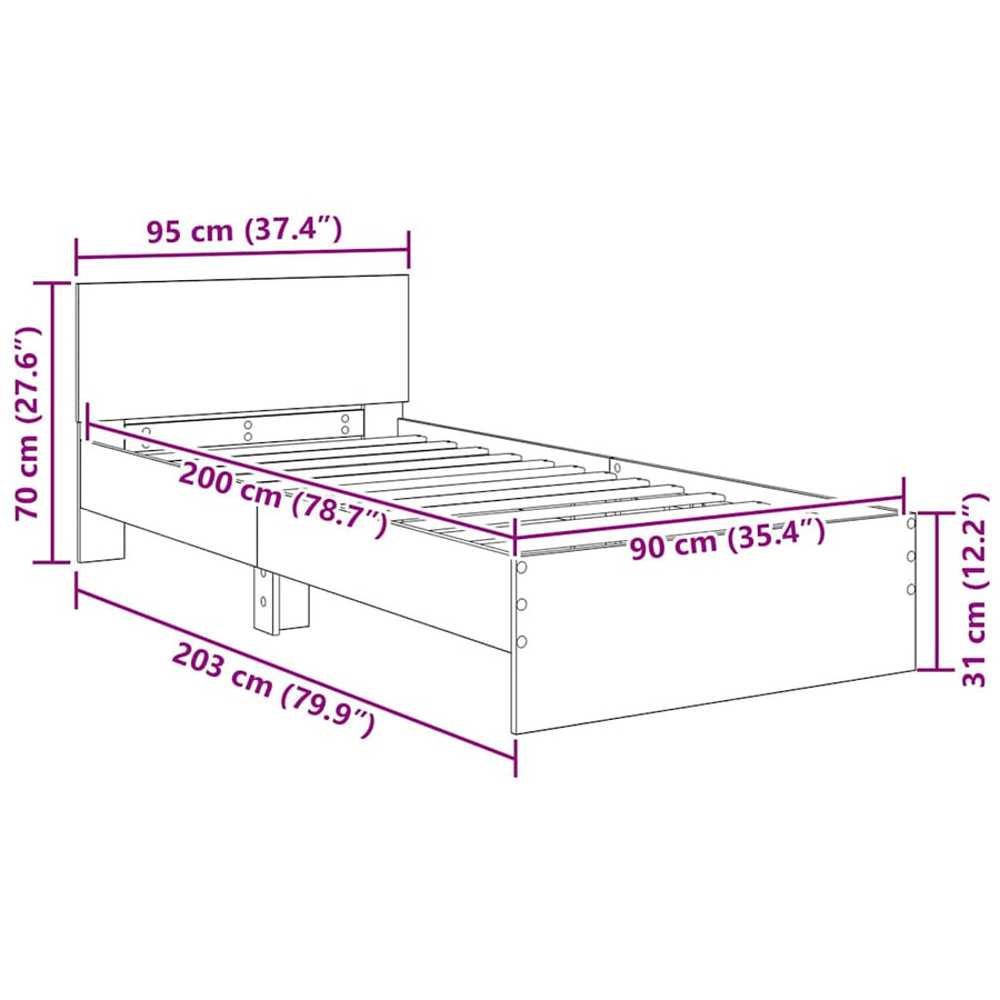 Bedframe met hoofdeinde Zwart Eiken 90 x 200 cm Bewerkt hout