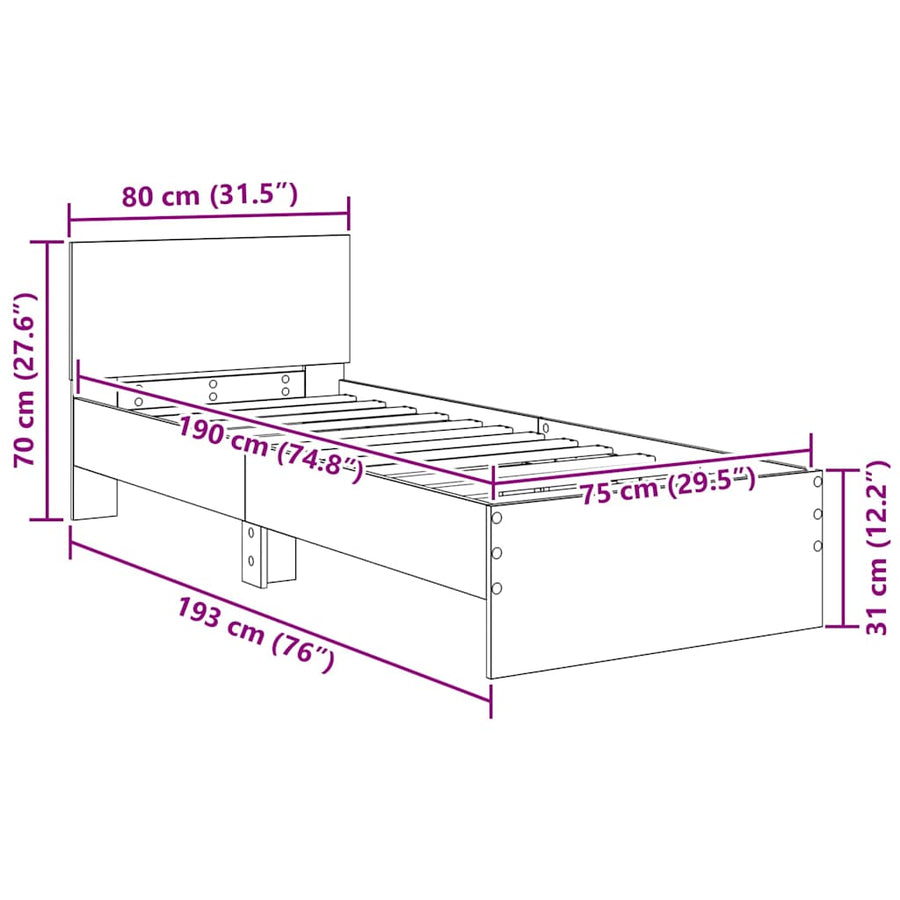 Bedframe met hoofdeinde Oud Hout 75 x 190 cm Bewerkt hout