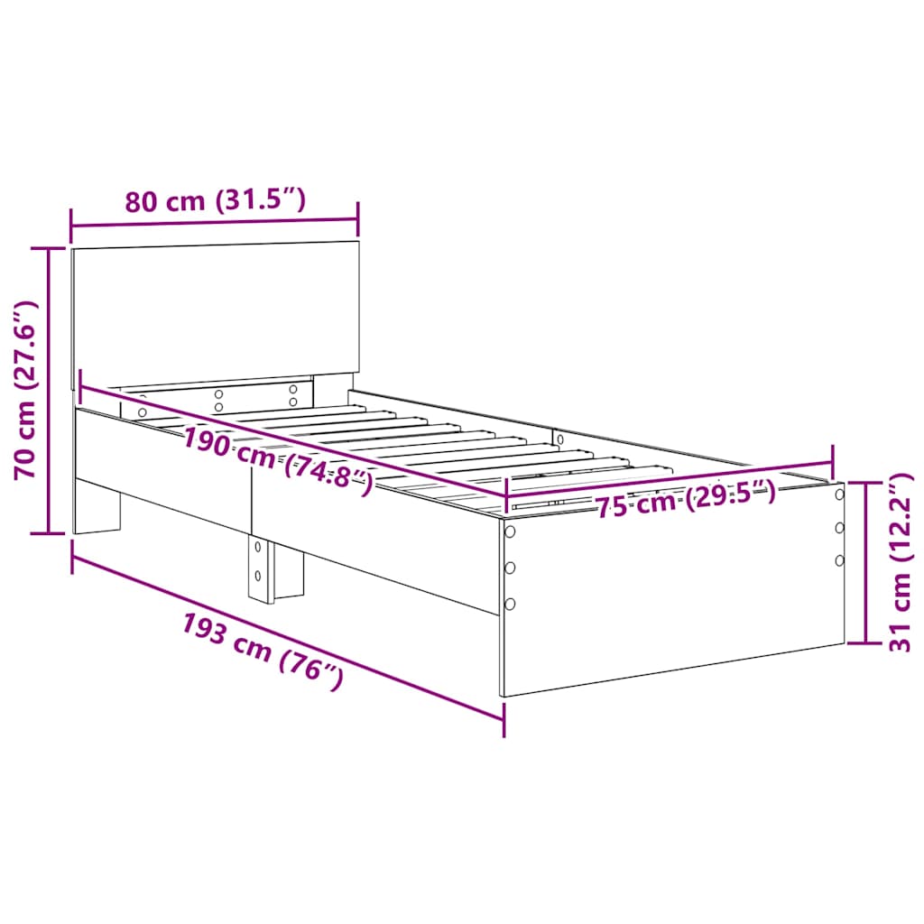 Bedframe met hoofdeinde Zwart Eiken 75 x 190 cm Bewerkt hout