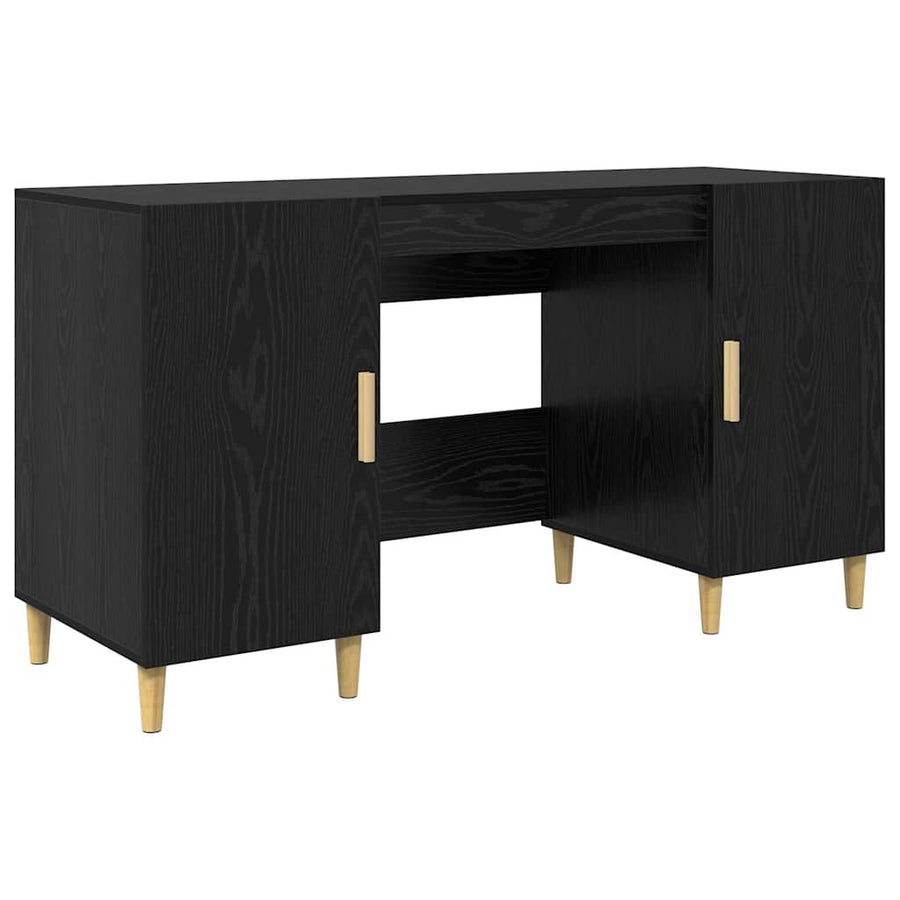 Bureau met plank Zwart Eiken 140 x 50 x 75 cm Bewerkt hout