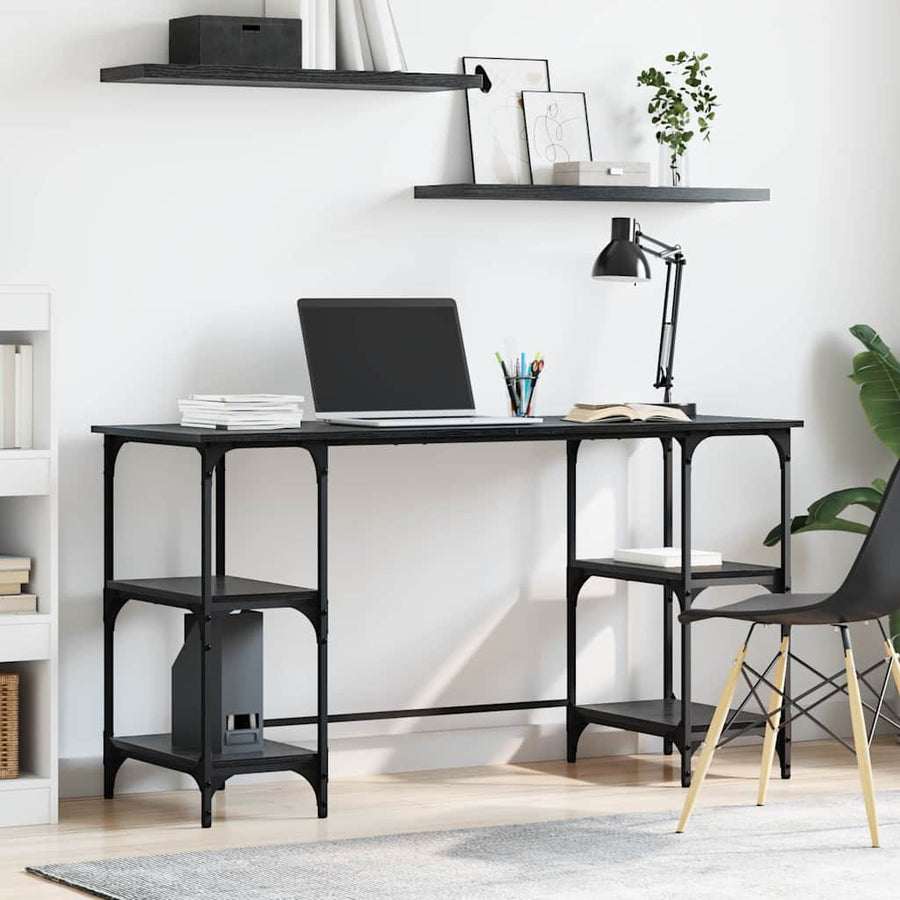 Bureau met plank Zwart Eiken 140 x 50 x 75 cm Bewerkt hout