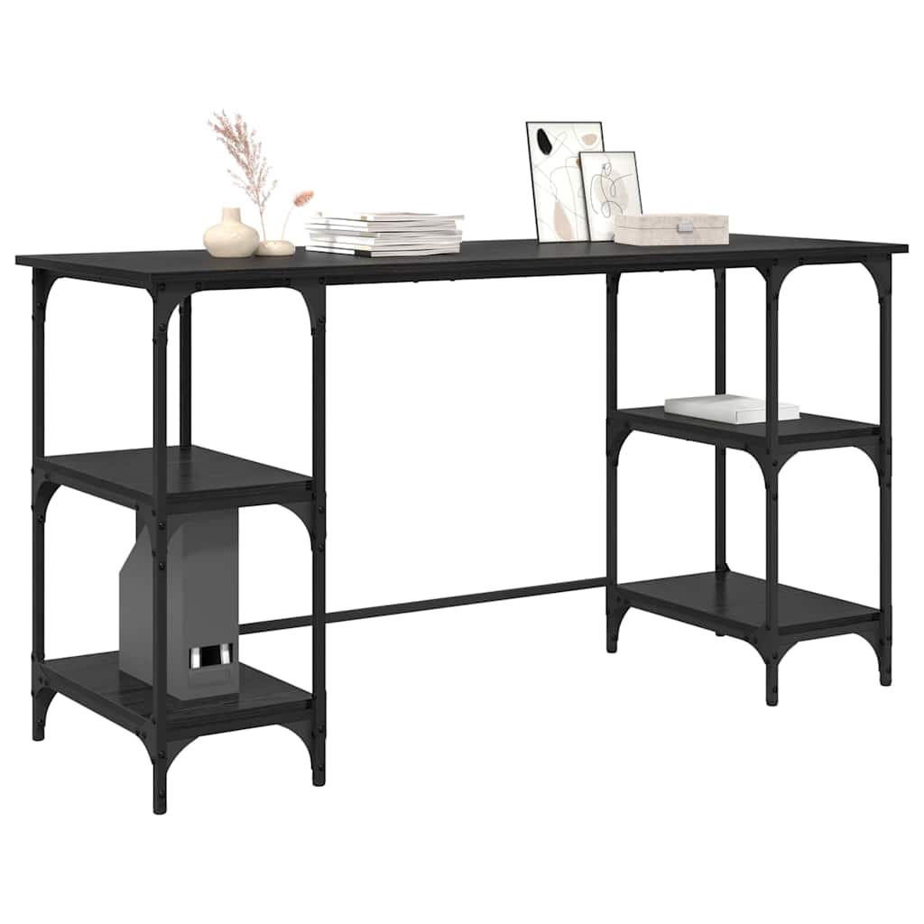 Bureau met plank Zwart Eiken 140 x 50 x 75 cm Bewerkt hout