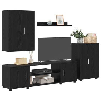 Tv-meubelset Wandgemonteerd 4 pcs Zwart Eiken Bewerkt hout