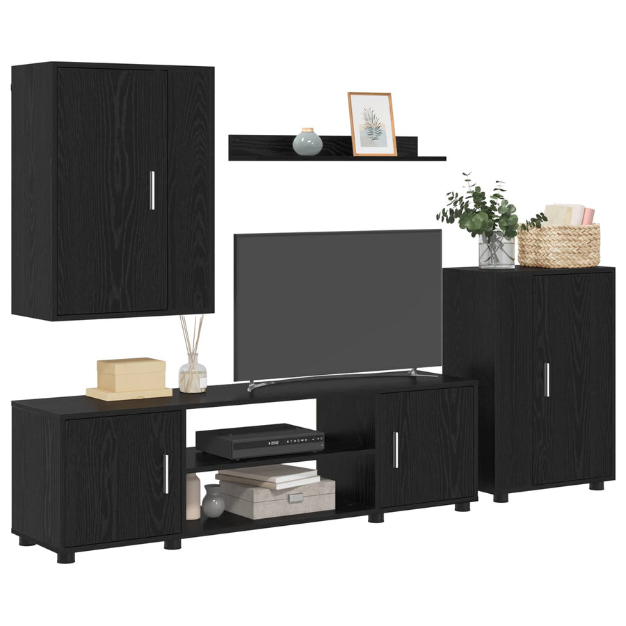 Tv-meubelset Wandgemonteerd 4 pcs Zwart Eiken Bewerkt hout