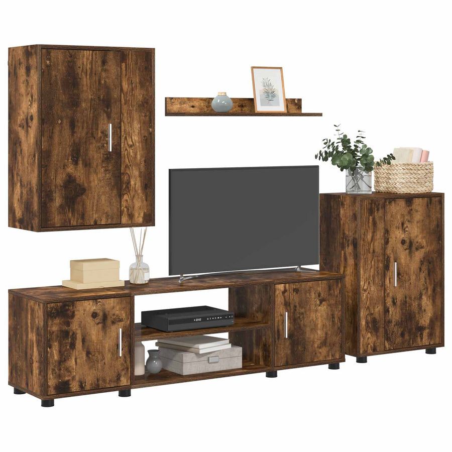 Tv-meubelset Wandgemonteerd 4 pcs Gerookt Eiken Bewerkt hout