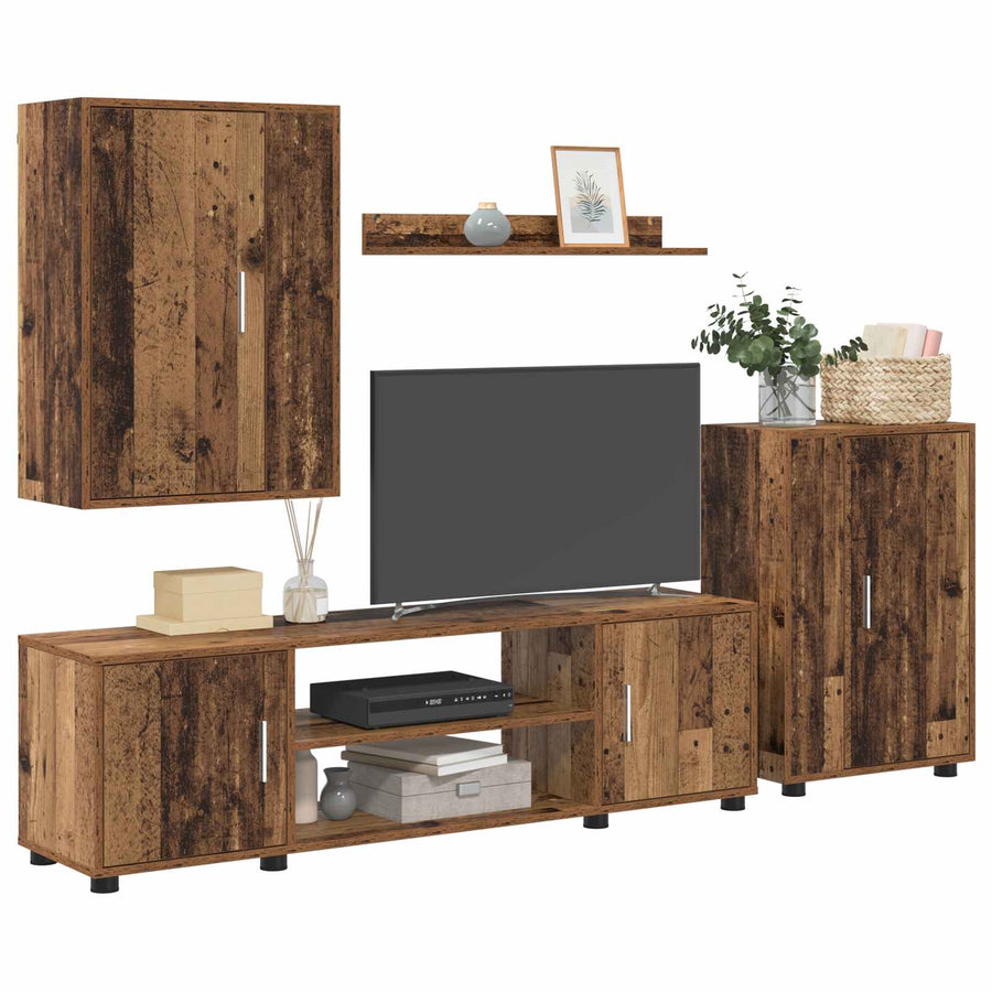 Tv-meubelset Wandgemonteerd 4 pcs Oud Hout Bewerkt hout