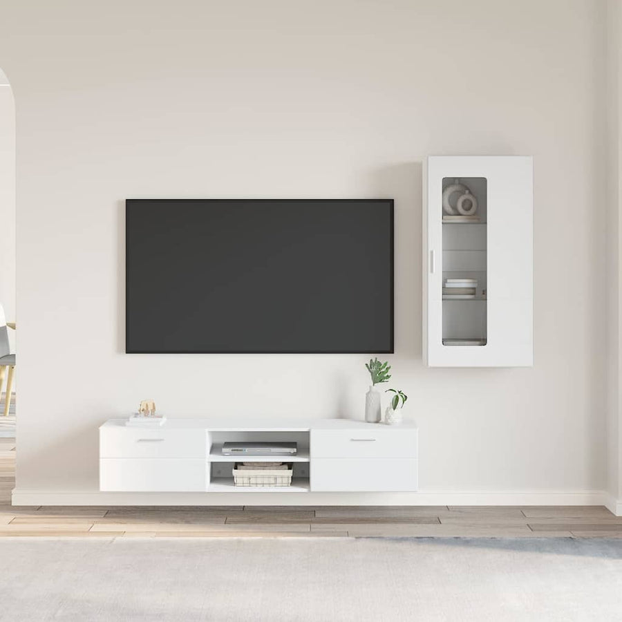 Tv-meubelset met lade met plank Wandgemonteerd Wit Bewerkt hout